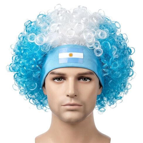 RAINFLOW Curly Afro Wig for Men - Brazil Short Curly Hair Costume with Headband, Colorful Crazy Party Accessory for Adults, World Cup Soccer Fan Halloween Cosplay in Kuwait