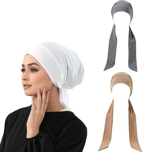 2 Pcs Instant Hijab Scarf Black White Tie-Back Closure Cap Islamic Muslim Head Scarf Turban for Women in Saudi Arabia