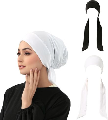 2 قطعة وشاح حجاب فوري أسود أبيض برباط خلفي للإغلاق غطاء رأس إسلامي إسلامي عمامة للنساء in Kuwait