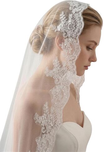 Mantilla Fingertip Length Wedding Veil Lace Sequin Bridal Veil with Comb for Bride in Saudi Arabia