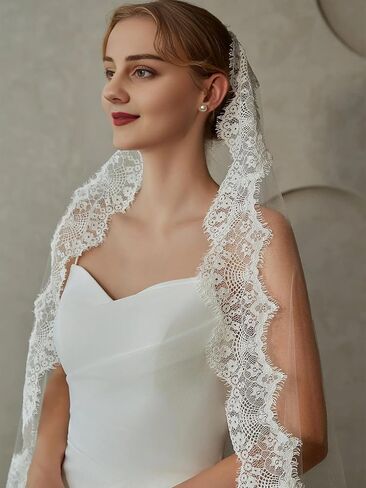 Mantilla Veils Floral Lace Edge Wedding Bridal Veil Fingertip Length for Brides in Saudi Arabia