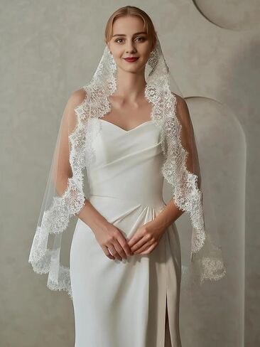 Mantilla Veils Floral Lace Edge Wedding Bridal Veil Fingertip Length for Brides in Saudi Arabia