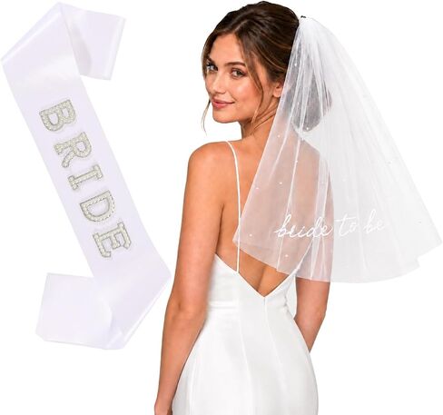 Bride to Be Sash and Veil Set for Bachelorette Party, White Pearl Bridal Veil with Rhinestone Satin Sash in Saudi Arabia