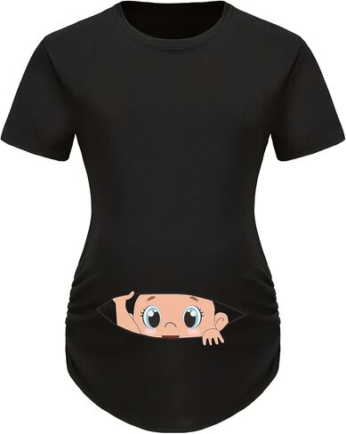 Maternity Short Sleeve Tops Funny Cartoon Character Print Pregnancy Shirts Side Ruched Summer Casual T-Shirt for Women in Saudi Arabia