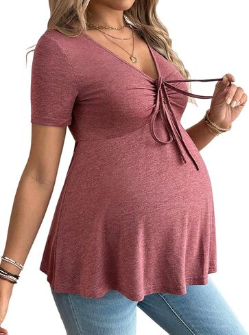 Women's Pregnancy Tops V Neck Tie Front Short Sleeve Flowy Summer Maternity T Shirts for Pregnant Women Casual Work Tee in Saudi Arabia