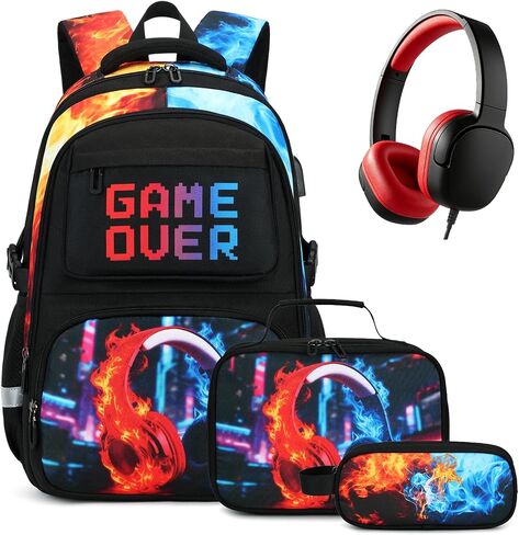 3PCS School Backpack for Boys, Cool Gamer Boys Backpack with Lunch Box and Pencil Case for Kids Kindergarten Teens Elementary Middle School Bag with Convenient Charging Port,Gaming Bookbag Waterproof in Saudi Arabia