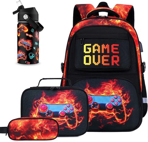 3PCS School Backpack for Boys, Cool Gamer Boys Backpack with Lunch Box and Pencil Case for Kids Kindergarten Teens Elementary Middle School Bag with Convenient Charging Port,Gaming Bookbag Waterproof in Saudi Arabia