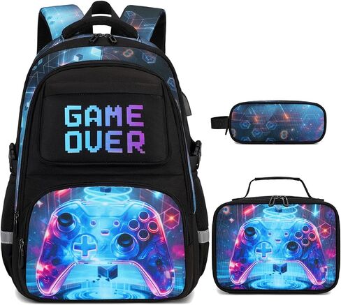 3PCS School Backpack for Boys, Cool Gamer Boys Backpack with Lunch Box and Pencil Case for Kids Kindergarten Teens Elementary Middle School Bag with Convenient Charging Port,Gaming Bookbag Waterproof in Saudi Arabia