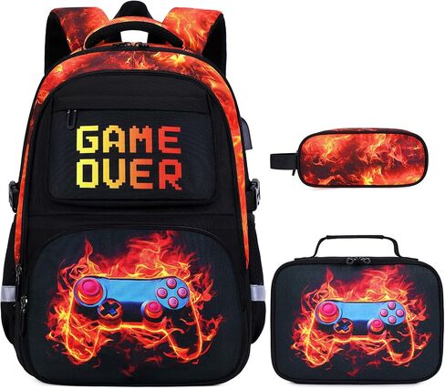 3PCS School Backpack for Boys, Cool Gamer Boys Backpack with Lunch Box and Pencil Case for Kids Kindergarten Teens Elementary Middle School Bag with Convenient Charging Port,Gaming Bookbag Waterproof in Saudi Arabia