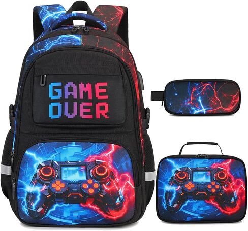 3PCS School Backpack for Boys, Cool Gamer Boys Backpack with Lunch Box and Pencil Case for Kids Kindergarten Teens Elementary Middle School Bag with Convenient Charging Port,Gaming Bookbag Waterproof in Saudi Arabia