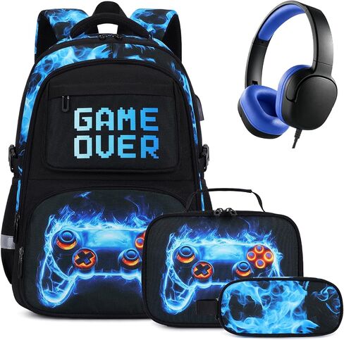 3PCS School Backpack for Boys, Cool Gamer Boys Backpack with Lunch Box and Pencil Case for Kids Kindergarten Teens Elementary Middle School Bag with Convenient Charging Port,Gaming Bookbag Waterproof in Saudi Arabia