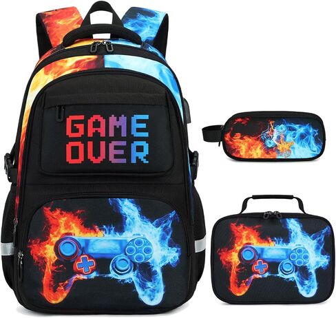 3PCS School Backpack for Boys, Cool Gamer Boys Backpack with Lunch Box and Pencil Case for Kids Kindergarten Teens Elementary Middle School Bag with Convenient Charging Port,Gaming Bookbag Waterproof in Saudi Arabia