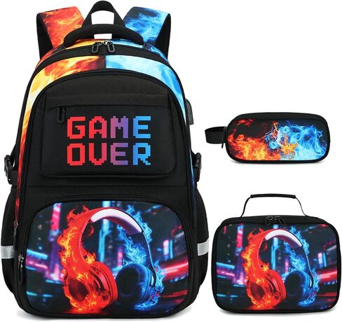 3PCS School Backpack for Boys, Cool Gamer Boys Backpack with Lunch Box and Pencil Case for Kids Kindergarten Teens Elementary Middle School Bag with Convenient Charging Port,Gaming Bookbag Waterproof in Saudi Arabia