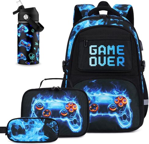 3PCS School Backpack for Boys, Cool Gamer Boys Backpack with Lunch Box and Pencil Case for Kids Kindergarten Teens Elementary Middle School Bag with Convenient Charging Port,Gaming Bookbag Waterproof in Saudi Arabia