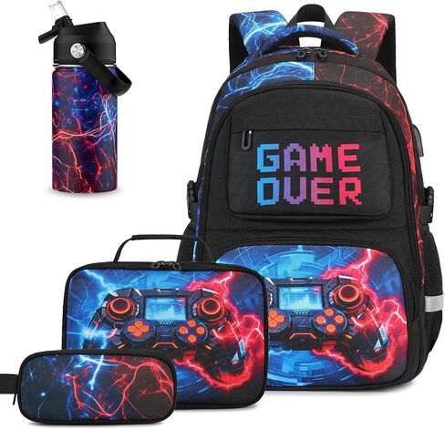 3PCS School Backpack for Boys, Cool Gamer Boys Backpack with Lunch Box and Pencil Case for Kids Kindergarten Teens Elementary Middle School Bag with Convenient Charging Port,Gaming Bookbag Waterproof in Saudi Arabia