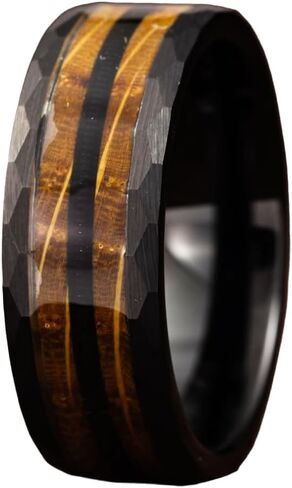 Gentlemen's Bands Premium Black Tungsten Hammered Wedding Band with Barrel Wood and Guitar String | Wedding Ring Is Ideal Gift | Package Includes Silicon Band, Walnut Ring Box, Leather Pouch in Kuwait
