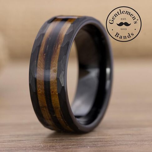 Gentlemen's Bands Premium Black Tungsten Hammered Wedding Band with Barrel Wood and Guitar String | Wedding Ring Is Ideal Gift | Package Includes Silicon Band, Walnut Ring Box, Leather Pouch in Kuwait
