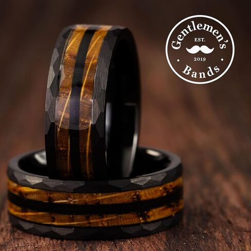 Gentlemen's Bands Premium Black Tungsten Hammered Wedding Band with Barrel Wood and Guitar String | Wedding Ring Is Ideal Gift | Package Includes Silicon Band, Walnut Ring Box, Leather Pouch in Kuwait