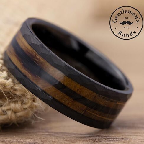 Gentlemen's Bands Premium Black Tungsten Hammered Wedding Band with Barrel Wood and Guitar String | Wedding Ring Is Ideal Gift | Package Includes Silicon Band, Walnut Ring Box, Leather Pouch in Kuwait