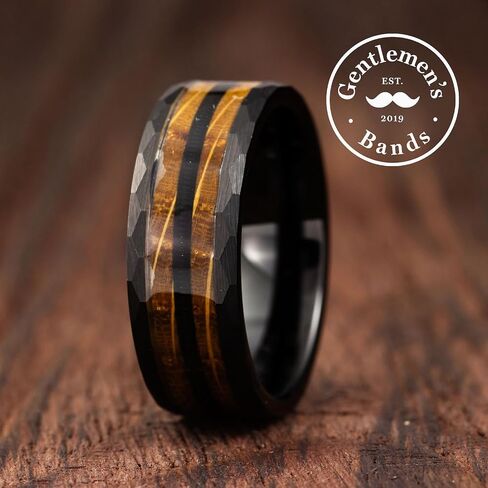 Gentlemen's Bands Premium Black Tungsten Hammered Wedding Band with Barrel Wood and Guitar String | Wedding Ring Is Ideal Gift | Package Includes Silicon Band, Walnut Ring Box, Leather Pouch in Kuwait
