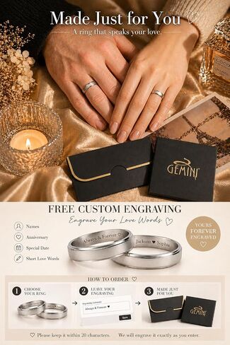 Gemini Free Engrave His and Her Couples Matching White Gold Tone Wedding Bands Titanium Rings Set Valentine Day Gift in Kuwait
