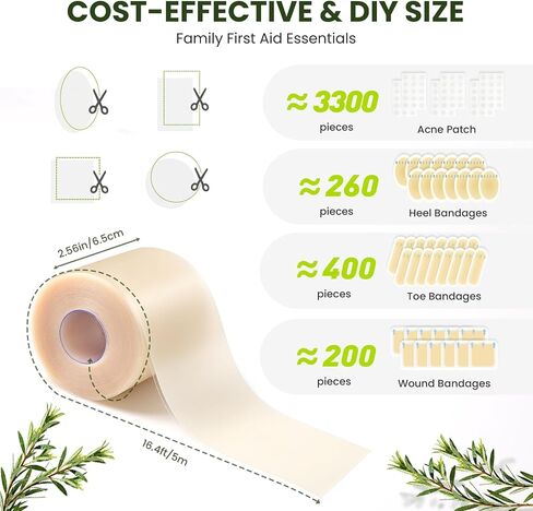 Bukihome Hydrocolloid Roll Gel Bandages Patch with Self-Adhesive - Thickened Tape for Blister, Burn, Acne Care - Cut-to-Size, Ultra Absorbent, First Aid Essential - Infused Tea Tree Oil(2.56in*16.4ft) in Kuwait