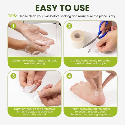 Bukihome Hydrocolloid Roll Gel Bandages Patch with Self-Adhesive - Thickened Tape for Blister, Burn, Acne Care - Cut-to-Size, Ultra Absorbent, First Aid Essential - Infused Tea Tree Oil(2.56in*16.4ft) in Kuwait