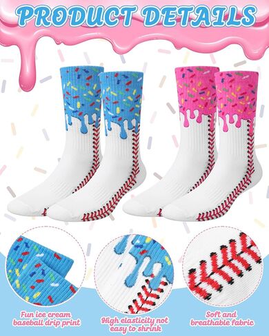 Janmercy 2 Pairs Ice Cream Drip Baseball Softball Sock for Teen Novelty Sock Sport Gift for Team Players Coaches Party Favors in Kuwait