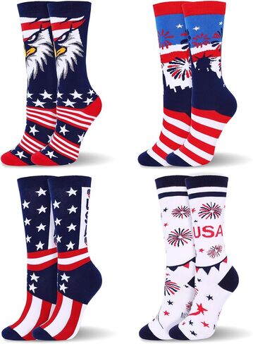 4 Pairs 4th Of July American Flag Socks for Men Women, Funny Red White and Blue Star Stripe Patriotic Crew Socks, Novelty Eagle USA Themed Flag Gifts for Independence Day Veteran Gifts in Saudi Arabia