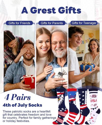 4 Pairs 4th Of July American Flag Socks for Men Women, Funny Red White and Blue Star Stripe Patriotic Crew Socks, Novelty Eagle USA Themed Flag Gifts for Independence Day Veteran Gifts in Saudi Arabia