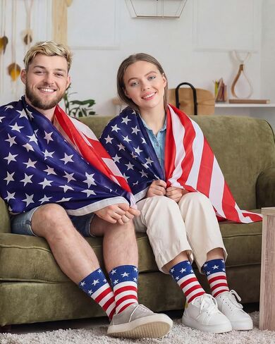 Syhood 2 Pairs American Flag Socks Patriotic Crew Socks Men Stars USA Stripes Combed Cotton 4th of July Memorial Independence in Kuwait