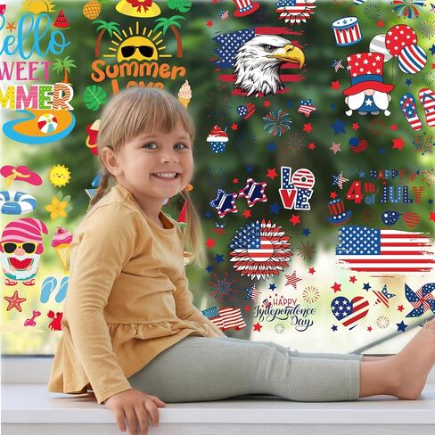 18 Sheets Summer 4th of July Window Clings Patriotic Window Stickers Double-Side Red White and Blue Decorations for 250th Anniversary Home Party Supplies Summer Decorations for Office in Saudi Arabia