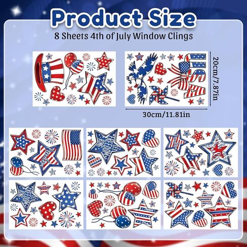 8 Sheets 4th of July Window Clings Stickers Memorial Day Patriotic Window Decals for Holiday Summer Party Home Shop Glass Display Decoration in Saudi Arabia