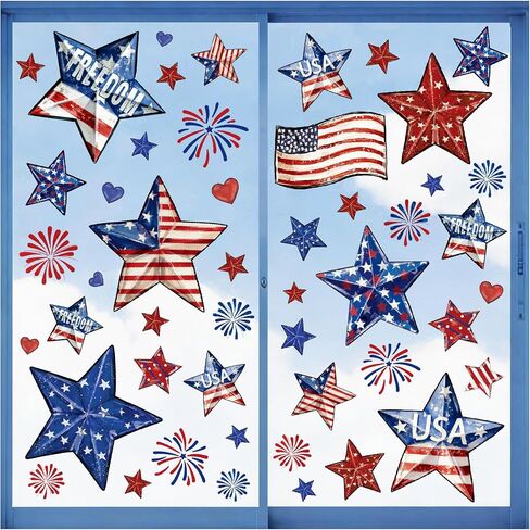 115Pcs 4th of July Window Clings Summer Patriotic Window Decals American Flag Stars Firework Double-Sided Reusable for Independence Day,Memorial Day Home School Office Decor Party Supplies,9 Sheets in Saudi Arabia