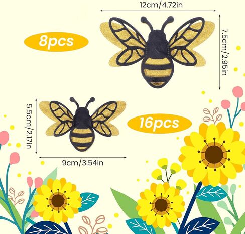 24 Pcs 3D Bee Decorations, 2 Size Double Layer Bumble Bee Wall Decor, Glitter Bee Stickers, Bee Decorations for Home Party Classroom Outdoor Themed Decor, Spring Summer Party Supplies in Kuwait