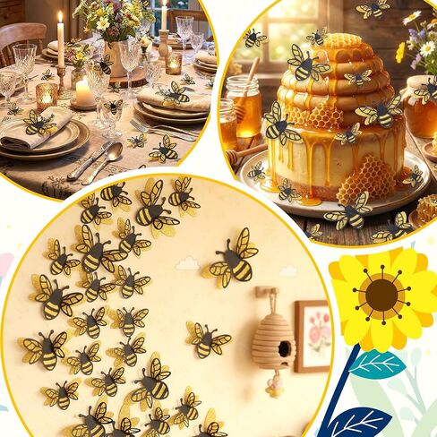 24 Pcs 3D Bee Decorations, 2 Size Double Layer Bumble Bee Wall Decor, Glitter Bee Stickers, Bee Decorations for Home Party Classroom Outdoor Themed Decor, Spring Summer Party Supplies in Kuwait