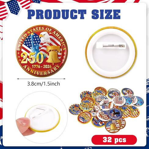 DPKOW 250th Anniversary American Pin Badges 4th of July Accessories, 32 American Flag Pins Badges Brooches 250 Anniversary USA Lapel Pins Gifts 4th of July Party Favors Patriotic Decorations Supplies in Saudi Arabia