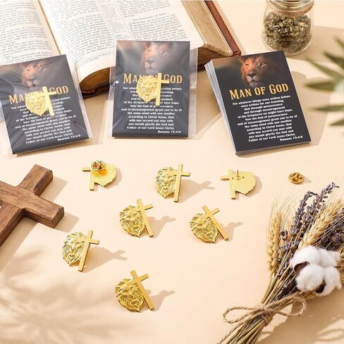 Retrowavy Man of God Gifts Father's Day Pins Lion-shaped Cross Pin Set with Christian Card Christian Fathers Day for Church, Father, Dad, Husband, Grandpa, Male Friends, Coworker in Kuwait