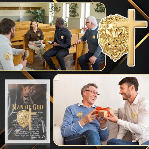 Retrowavy Man of God Gifts Father's Day Pins Lion-shaped Cross Pin Set with Christian Card Christian Fathers Day for Church, Father, Dad, Husband, Grandpa, Male Friends, Coworker in Kuwait