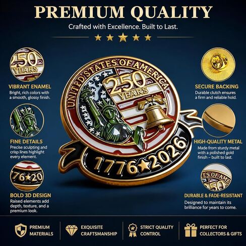 America 250 Pins 5 Pcs, 250 Anniversary USA Merchandise: Freedom America 250 Pin, Patriotic Lapel Pins for Men, Women, Independence Day in Kuwait