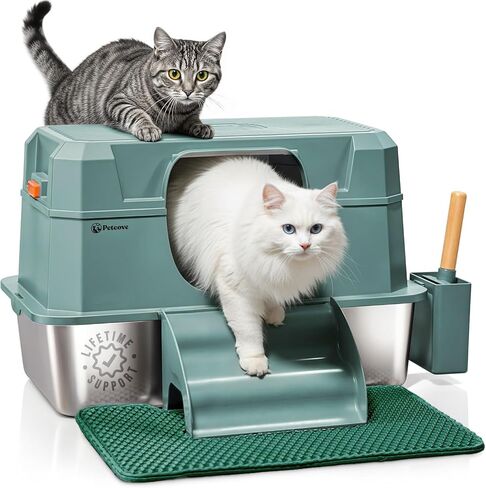 Stainless Steel Litter Box With Built-in Odor Control - 28L XL Enclosed Metal Cat Litter Box For Large Cats High Sided 3 in1 XXL Extra Large Deep Boxes For Indoor Cats With Mat- Steps- And Scoop Green in Kuwait