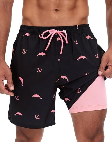 Mens Swim Trunks with Compression Liner 7 Inch 2 in 1 Quick Dry Board Shorts Bathing Suit with Zipper Pockets in Saudi Arabia