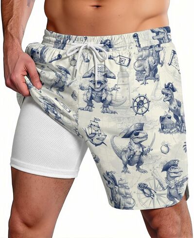 Men's Swim Trunks Funny Dinosaur with Compression Lining Quick Drying Hawaiian Board Shorts with Pockets for Beach in Kuwait