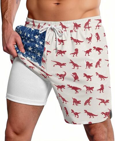 Men's Swim Trunks Funny Dinosaur with Compression Lining Quick Drying Hawaiian Board Shorts with Pockets for Beach in Kuwait