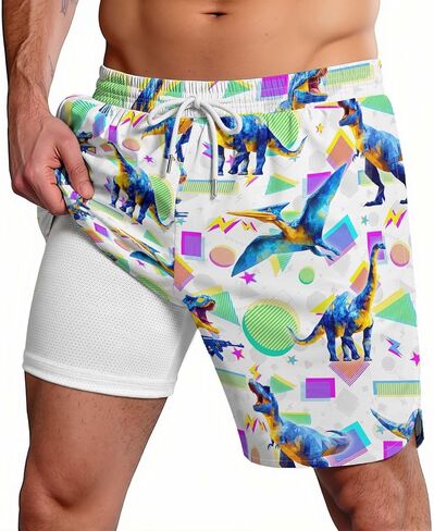 Men's Swim Trunks Funny Dinosaur with Compression Lining Quick Drying Hawaiian Board Shorts with Pockets for Beach in Kuwait