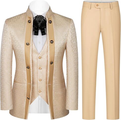 Mens 3 Pieces Tuxedo Slim Fit Suit Unbuttoned Blazer Vest Pants Mandarin Collar Champagne Jacquard Prom Banquet Wedding in Saudi Arabia