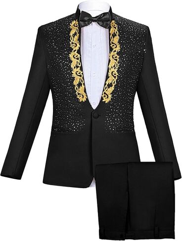 Mens 2 Pieces Luxury Embroidered Suits 1 Button Print Dinner Tuxedo Jacket Prom Wedding Elegant Blazer Dress Suit in Kuwait
