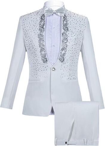 Mens 2 Pieces Luxury Embroidered Suits 1 Button Print Dinner Tuxedo Jacket Prom Wedding Elegant Blazer Dress Suit in Kuwait