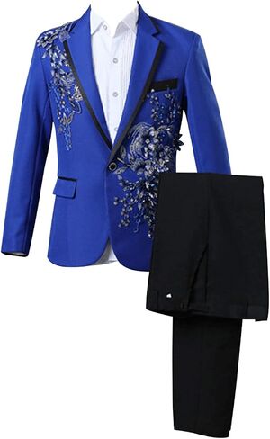 Mens 2 Pieces Luxury Embroidered Suits 1 Button Print Dinner Tuxedo Jacket Prom Wedding Elegant Blazer Dress Suit in Kuwait