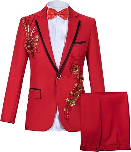 Mens 2 Pieces Luxury Embroidered Suits 1 Button Print Dinner Tuxedo Jacket Prom Wedding Elegant Blazer Dress Suit in Kuwait